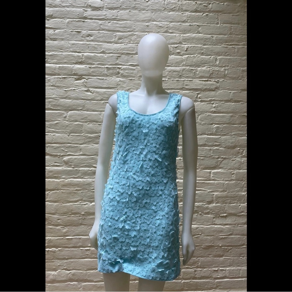 LN BCBG MAXAZRIA Turquoise Blue Knit Stretchy 3D Flowers Mini Dress M S
